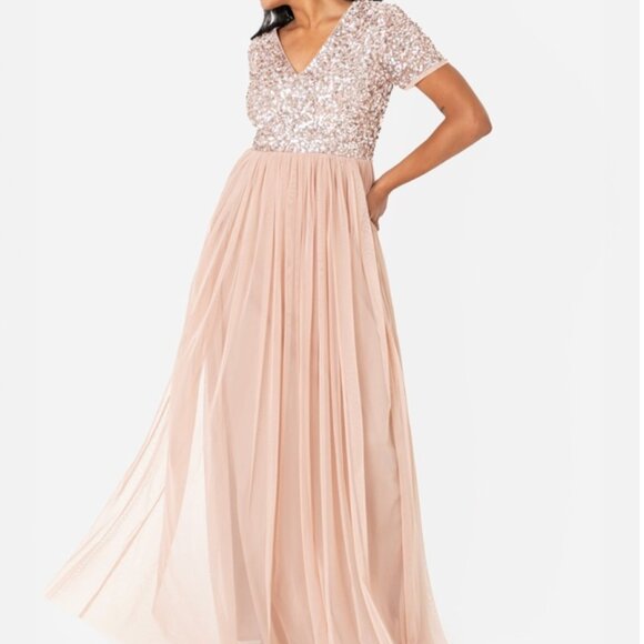 Maya Deluxe Formal Taupe Blush V Neckline Embellished Maxi Dress NWT - Picture 1 of 14